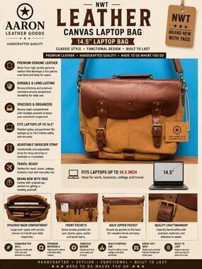 NWT Aaron Leather Goods 14.5” handmade brown genuine leather canvas laptop bag